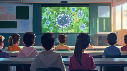 Classroom session with students observing a screen showing enlarged virus visuals. Represents education, awareness, and health science. Generative AI