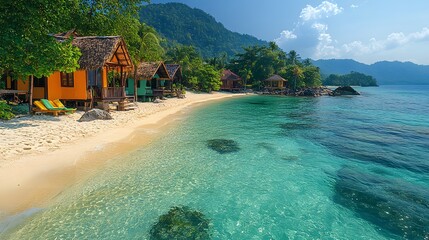 A serene tropical island with bright beach huts on soft sandy shores, surrounded by lush greenery and crystal-clear waters. generative ai
