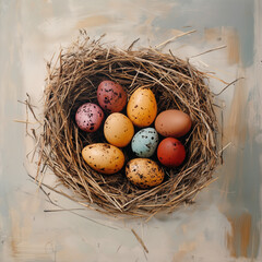 Obraz premium osternest, osterei, osterhase, ostern, ei, nest, ostern, essen, halme, ei, braun, feigling, isoliert, weiß, bird, heu, frisch, natur, frühling, henne, bauernhof, auflösungszeichen, korb, close up, frü