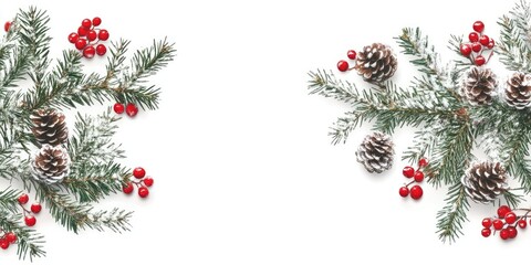 Festive Christmas border featuring green pine branches with red berries and pine cones on a clean white background symmetrically arranged on both sides