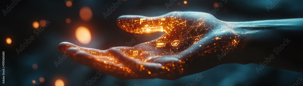 Poster hightech visualization of a hand interacting with a glowing digital hud interface, holographic ui, c