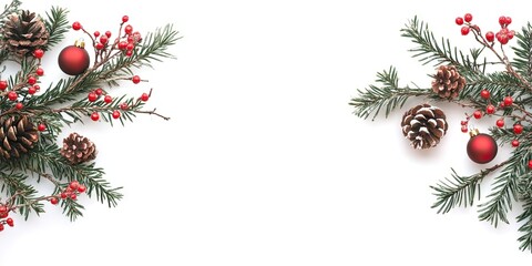 Christmas border design with evergreen branches pinecones and red berries on white background creating ample space for personalization and text.
