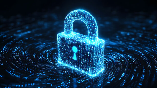 A glowing digital lock surrounded by streams of binary code and data points, symbolizing cybersecurity. 