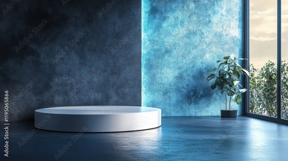 Poster minimalist product display with textured walls and natural light window view scene