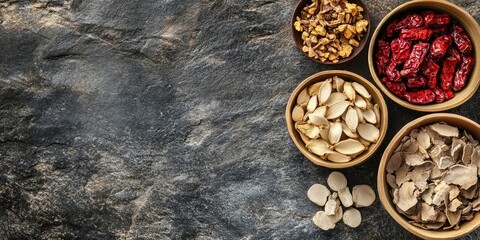Fototapeta premium Various Chinese herbal remedies including Astragalus in wooden bowls on a dark stone backdrop with ample empty space on the left for text insertion