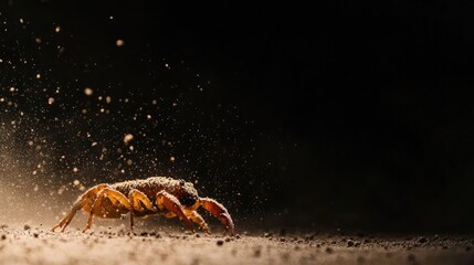 Fototapeta premium Scorpion in a dramatic close-up, illuminated by scattered light particles against a dark background. Highlights danger, nature, and survival. Generative AI