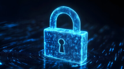 A glowing digital lock surrounded by streams of binary code and data points, symbolizing cybersecurity. 