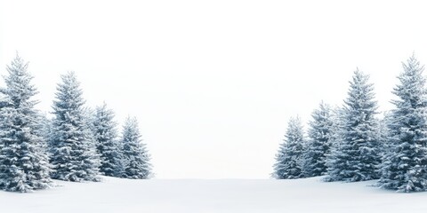 Fototapeta premium Snowy winter landscape with frosted fir trees on both sides, bright white sky, and ample copy space for holiday greetings or messages.