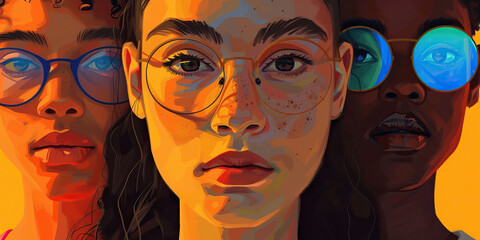 Obraz premium Portrait Study: Three Women with Glasses