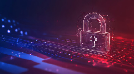 A glowing digital lock surrounded by streams of binary code and data points, symbolizing cybersecurity. 