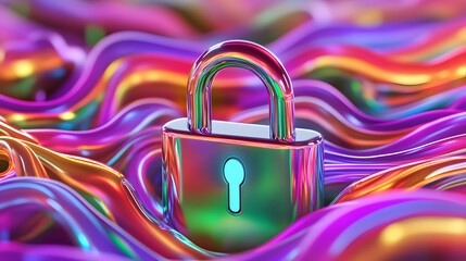 A glowing digital lock surrounded by streams of binary code and data points, symbolizing cybersecurity. 