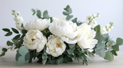 A rustic wedding table centerpiece featuring white peonies and eucalyptus leaves 