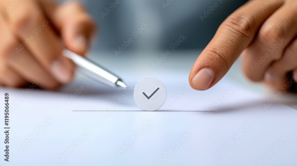Poster a hand with a pen hovers over a paper with a checkmark, symbolizing approval or completion of a task