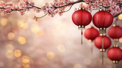 Festive Red Lanterns Hanging on Cherry Blossom Branches Asian Lantern Spring Celebration