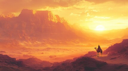Fototapeta premium Desert Landscape at Sunset with Camel and Rider on Dunes