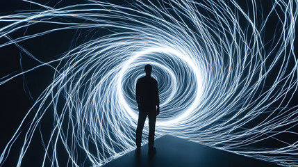 A surreal abstract vortex with swirling lines in glowing white and electric blue, spinning against a deep black void for a dynamic and immersive look 