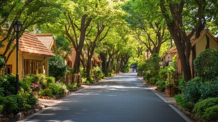 Obraz premium A charming street in Ouchi-juku village, lined with historical straw-roofed houses and surrounded by lush greenery.