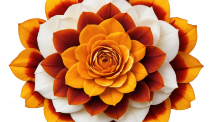 Bold mandala pattern created by layering orange, yellow, and red marigold petals with contrasting white rose petals, forming concentric rings, isolated on a white transparent background PNG.