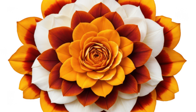 Bold mandala pattern created by layering orange, yellow, and red marigold petals with contrasting white rose petals, forming concentric rings, isolated on a white transparent background PNG.