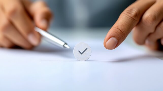 A hand with a pen hovers over a paper with a checkmark, symbolizing approval or completion of a task.