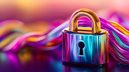 A glowing digital lock surrounded by streams of binary code and data points, symbolizing cybersecurity. 