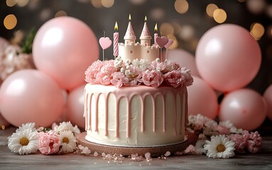 Pink castle birthday cake with flowers and balloons.