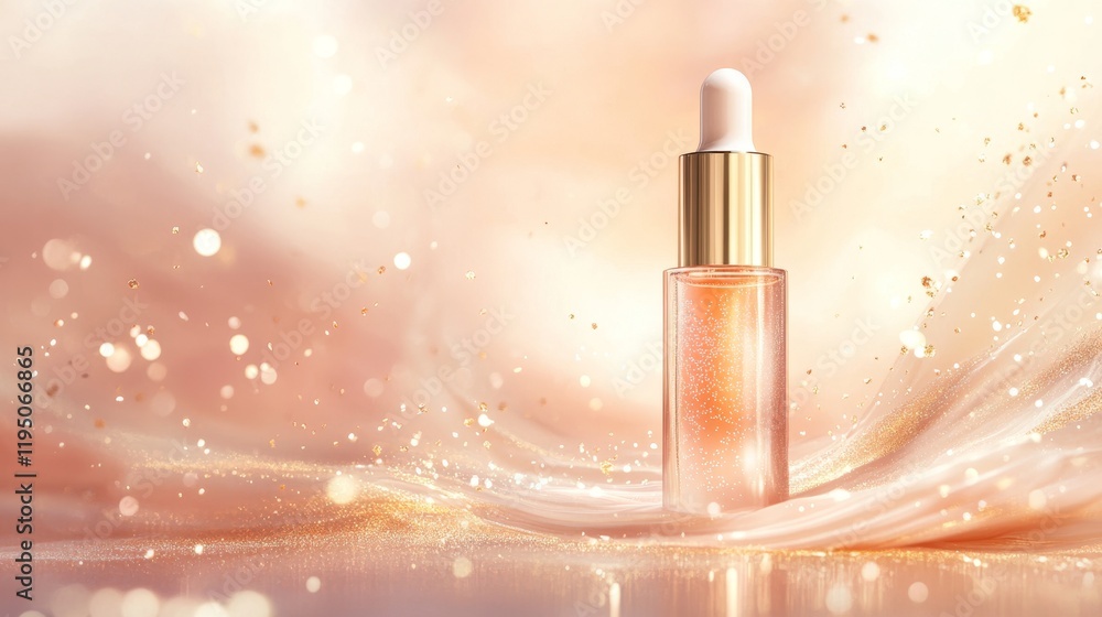 Poster elegant serum bottle with soft glow and bokeh background