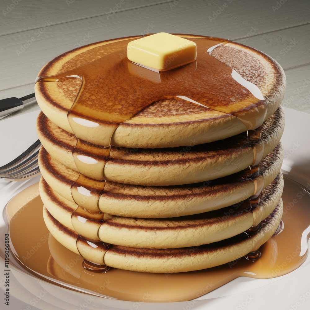 Poster a stack of fluffy pancakes drenched in maple syrup and topped with a pat of butter.