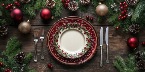 Elegant Christmas table setting with red and gold ornaments, pinecones, and greenery surrounding a decorated plate, knife, and fork in center.
