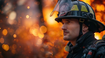 Fire. Emergency service. Professional firefighter extinguishes a fire. Concept of fire and industrial safety. Rescuers.	
