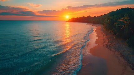 A picturesque tropical beach at sunset, featuring soft sand, calm waters, and a colorful sky. generative ai