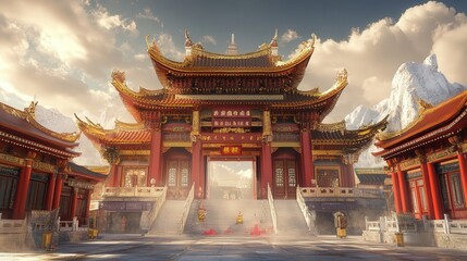 Fototapeta premium The majestic gate of a Chinese temple with golden accents and red decorations for the Chinese New Year.