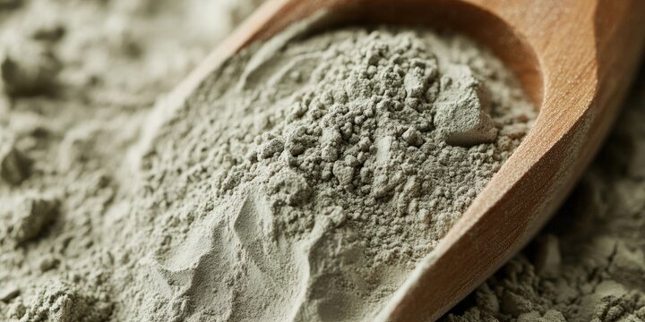 Wooden spoon holding green bentonite clay powder on textured surface with soft focus background highlighting the natural beauty and texture of the clay