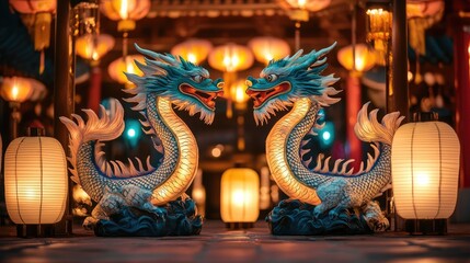 Two vibrant dragon sculptures facing each other, surrounded by soft glowing lanterns, symbolizing celebration and cultural significance