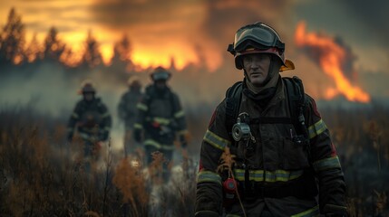 Naklejka premium Fire. Emergency service. Professional firefighter extinguishes a fire. Concept of fire and industrial safety. Rescuers. 