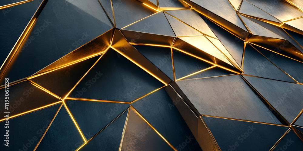 Poster golden geometry: abstract close-up of a geometric, three-dimensional structure with dark metallic fa