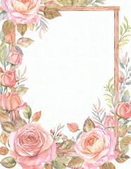 Elegant watercolor pink roses frame. Vintage botanical border design for card, invitation, scrapbook, junk journal, ephemera, and crafting DIY.