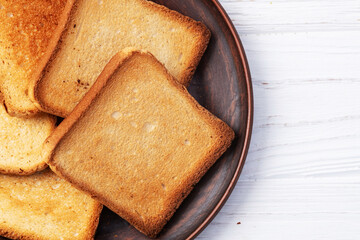 Toast bread in a plate photography . Top view