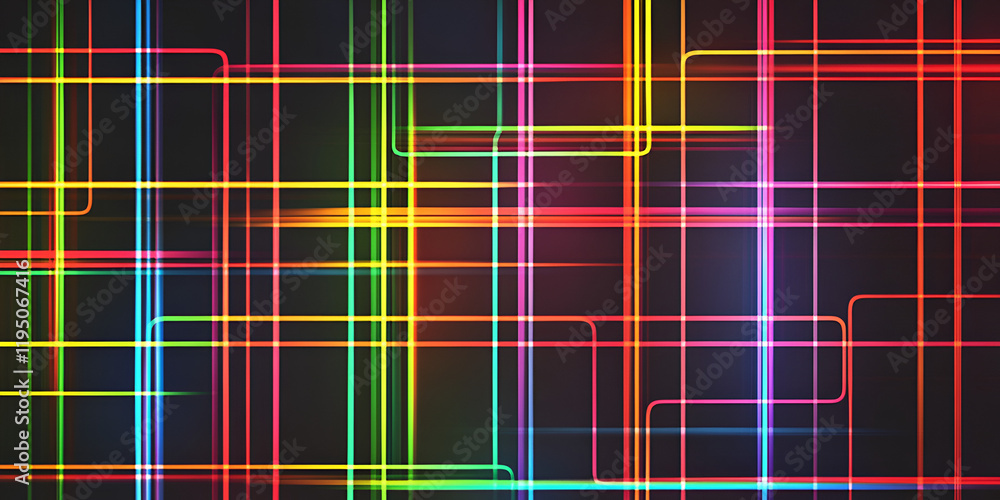 Poster neon grid abstract: vibrant neon lines intersect and overlap, creating a mesmerizing grid pattern ag