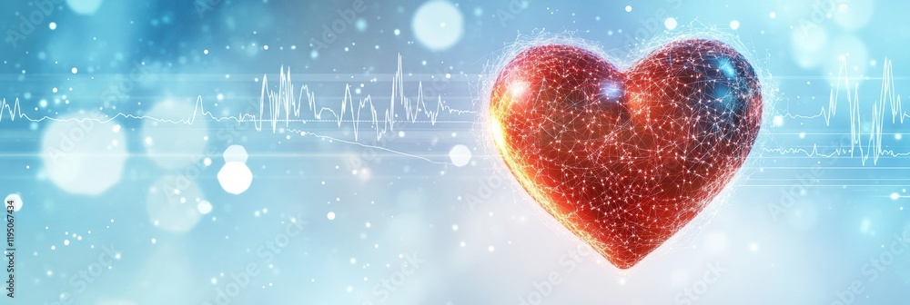 Poster glowing red heart with dynamic cardiogram on a soft blue background illustrating love and health. ge
