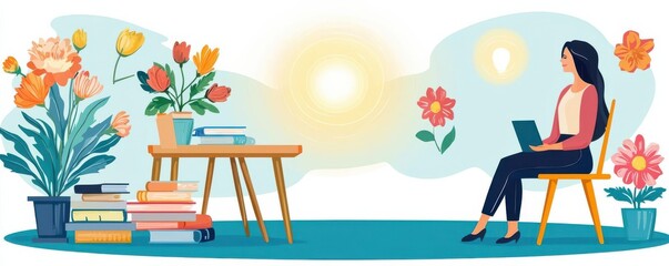 A mentor guiding a young woman in a workshop, surrounded by symbols of growth and inspiration like books, flowers, and glowing light