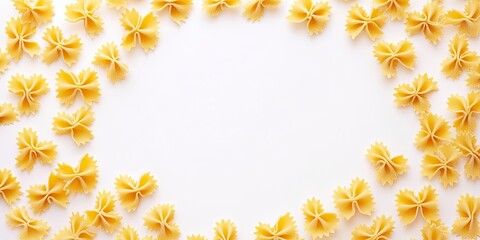 Obraz premium Circular frame made of yellow farfalle pasta on a bright white background featuring symmetrical arrangement of pasta shapes around the edges.