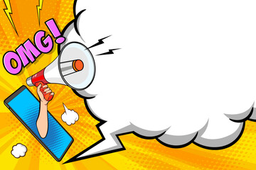 Hand holds megaphone bullhorn in retro pop art comic style  Loudspeaker Business banner