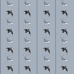 Whale and seal pattern design featuring orca and aquatic themes on a cool background