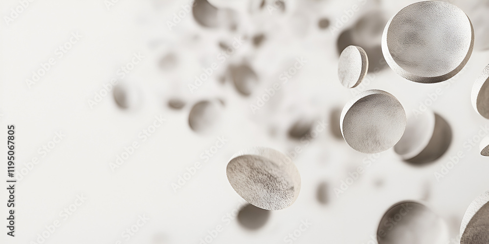 Poster floating circles abstract: an abstract image featuring numerous off-white, circular forms floating a