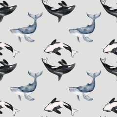 Whale and seal seamless fabric design featuring playful orca and whale illustrations