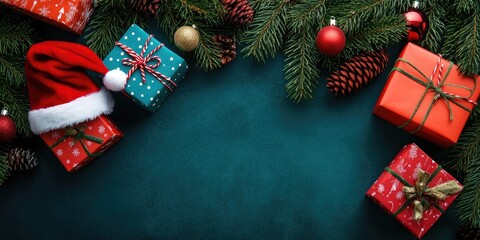 Vibrant Christmas scene featuring red and green gift boxes a Santa hat and decorations on dark green background captured from above with ample copy space