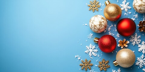 Colorful Christmas ornaments in red gold and white with snowflakes on a bright blue background creating a festive and cheerful holiday atmosphere