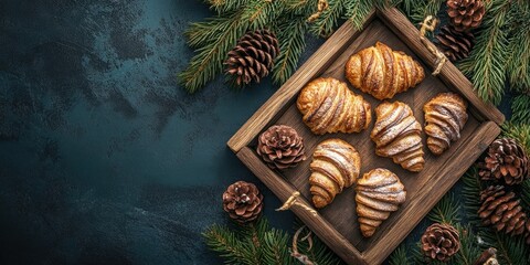 Top-down view of rustic wooden tray with festive pastries and pine cones surrounded by green fir branches on dark textured background