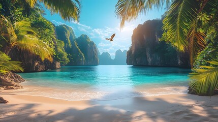 A peaceful coastal scene featuring white sandy shores and majestic cliffs draped in vibrant greenery. generative ai